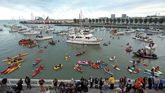 Boats and kayaks in McCovey Cove outside the ballpark
