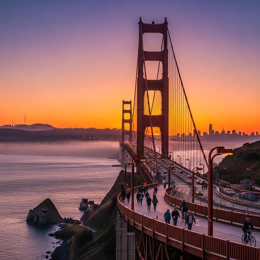 Golden Gate Bridge at sunset with visitors walking and biking across