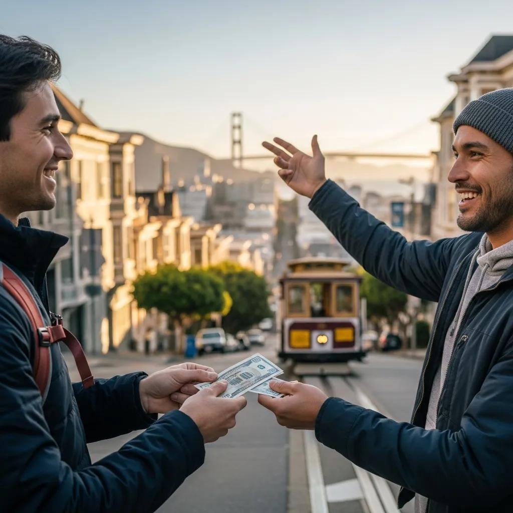 A tourist tipping a local guide after a free walking tour in San Francisco, highlighting the importance of tipping etiquette