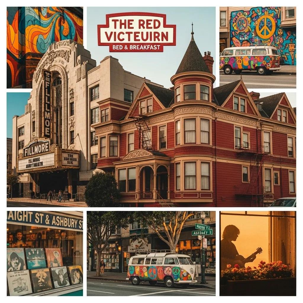 Collage of Haight-Ashbury landmarks showcasing the spirit of the 1960s counterculture