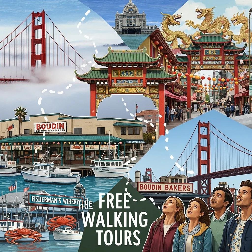 Collage of iconic San Francisco landmarks including the Golden Gate Bridge, Chinatown, and Fisherman’s Wharf, representing key sites in free walking tours