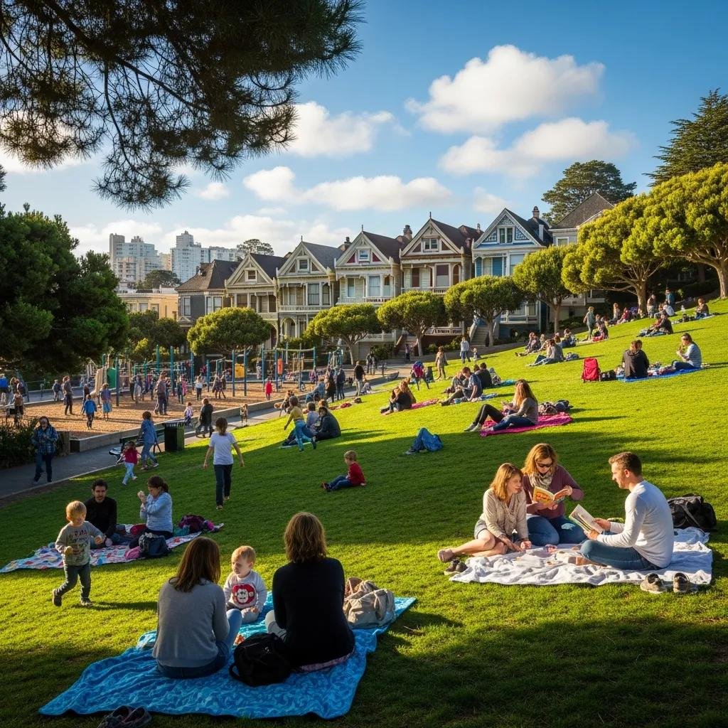 Families enjoying Alamo Square Park with Painted Ladies in the background