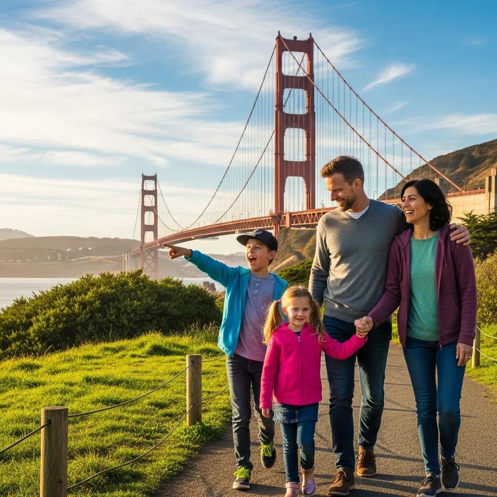 Family enjoying a walking tour in San Francisco near the Golden Gate Bridge