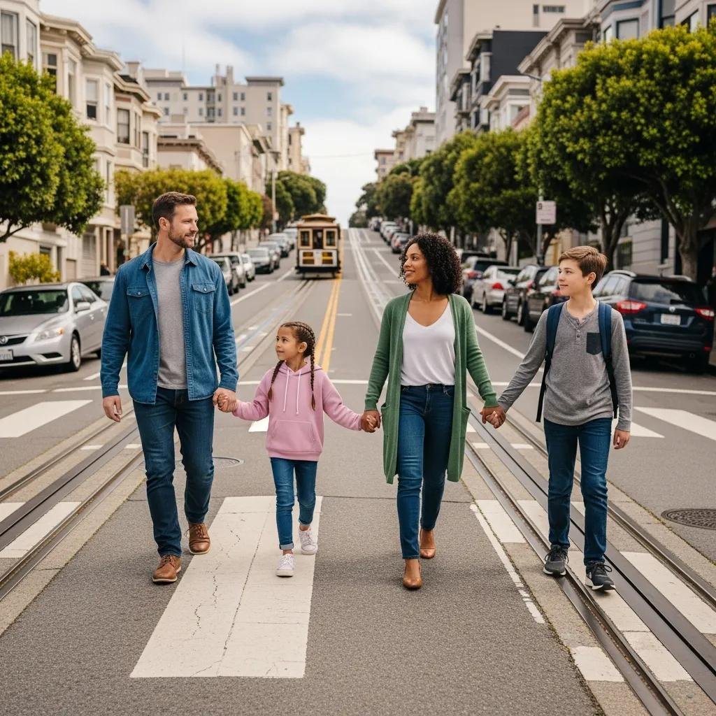 Family safely crossing a street in San Francisco while touring