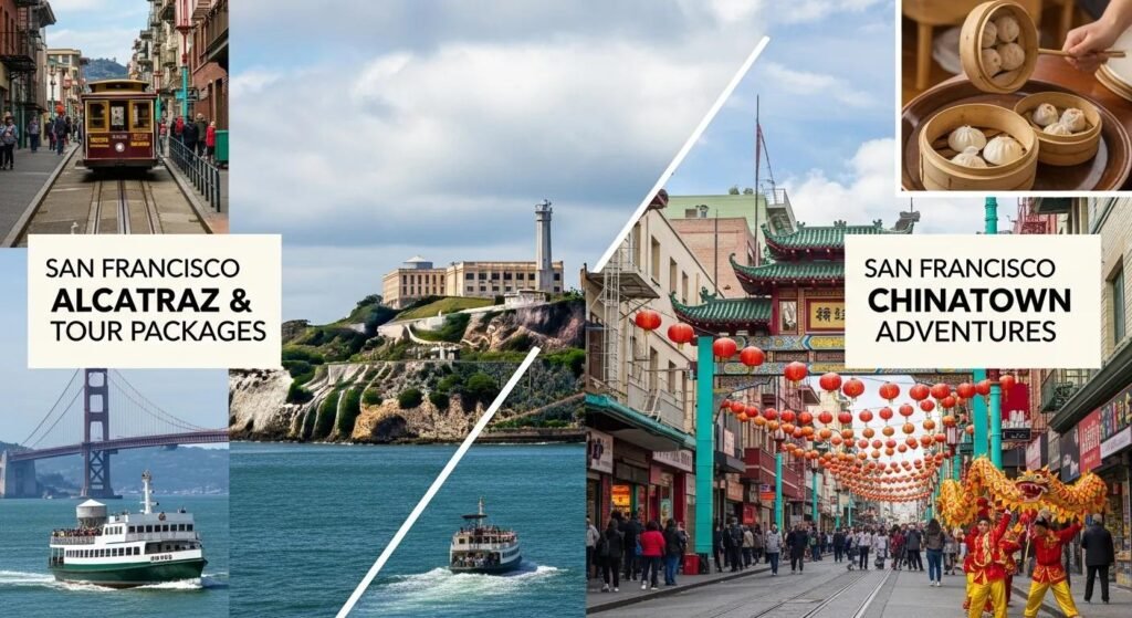Icons representing popular San Francisco tours such as Alcatraz and Chinatown