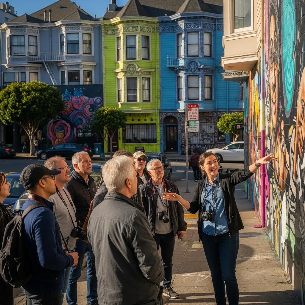 Tour guide engaging with tourists in a lively San Francisco neighborhood