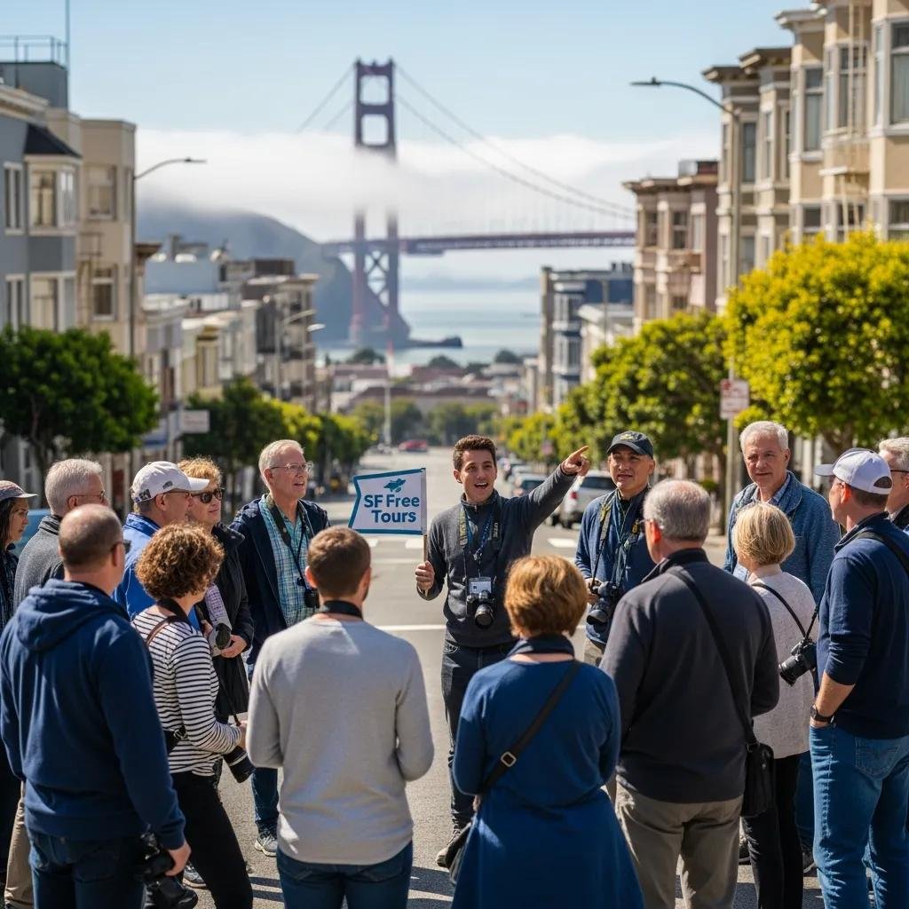 Tourists exploring San Francisco on a free walking tour with local guides and iconic landmarks in the background