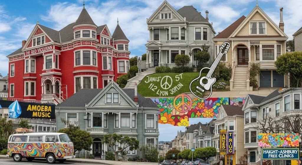 Collage of iconic landmarks in Haight-Ashbury, including The Red Victorian and Janis Joplin's home