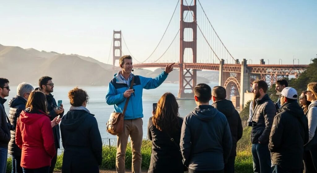 Tour guide explaining the history of a landmark during a walking tour in San Francisco