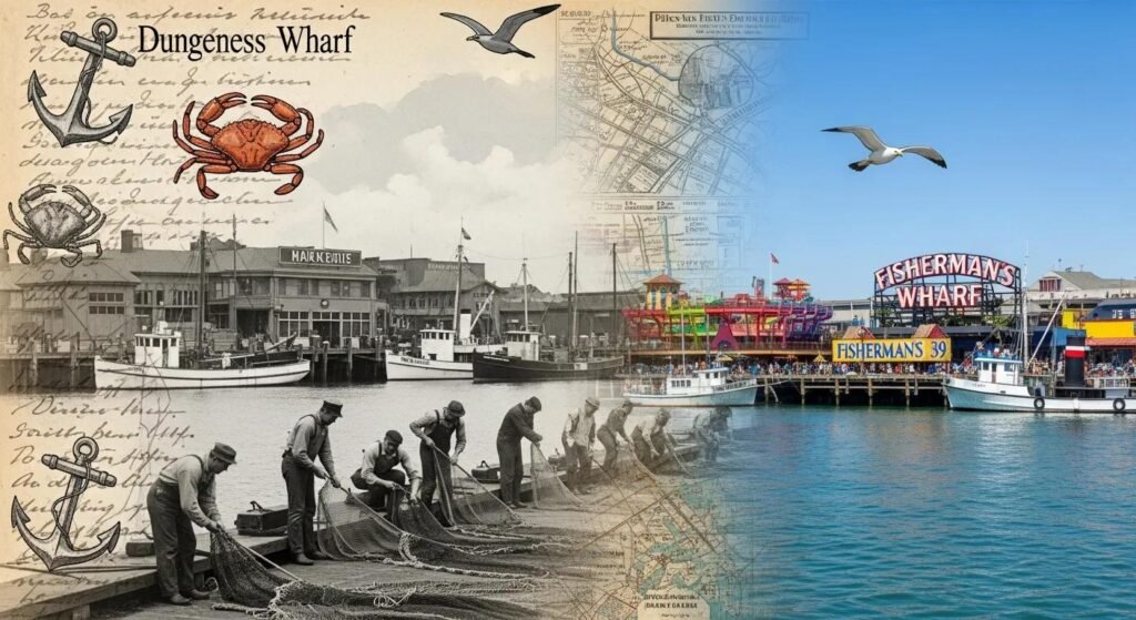 Artistic representation of Fisherman's Wharf history with vintage and modern images