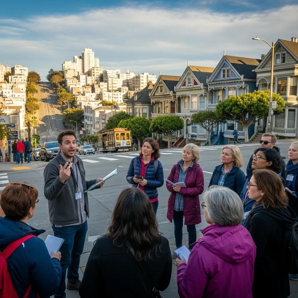 A local guide leading a free walking tour in San Francisco with engaged participants