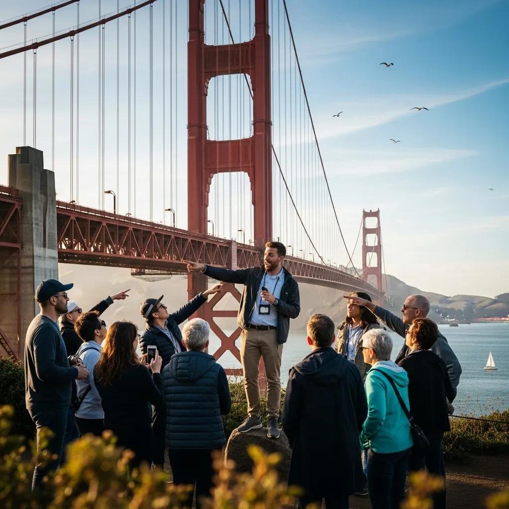 A tour guide engaging with tourists at the Golden Gate Bridge, enhancing their experience of the landmark