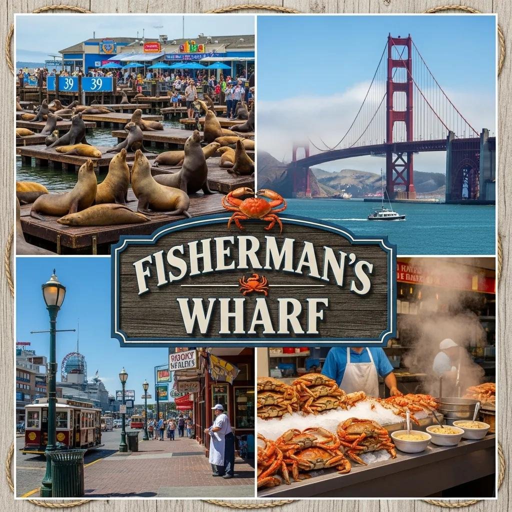 Collage of Fisherman's Wharf attractions including Pier 39 and Golden Gate Bridge