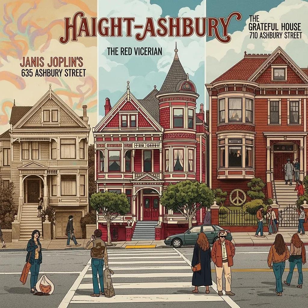 Collage of iconic landmarks in Haight-Ashbury, including The Red Victorian and Janis Joplin's home