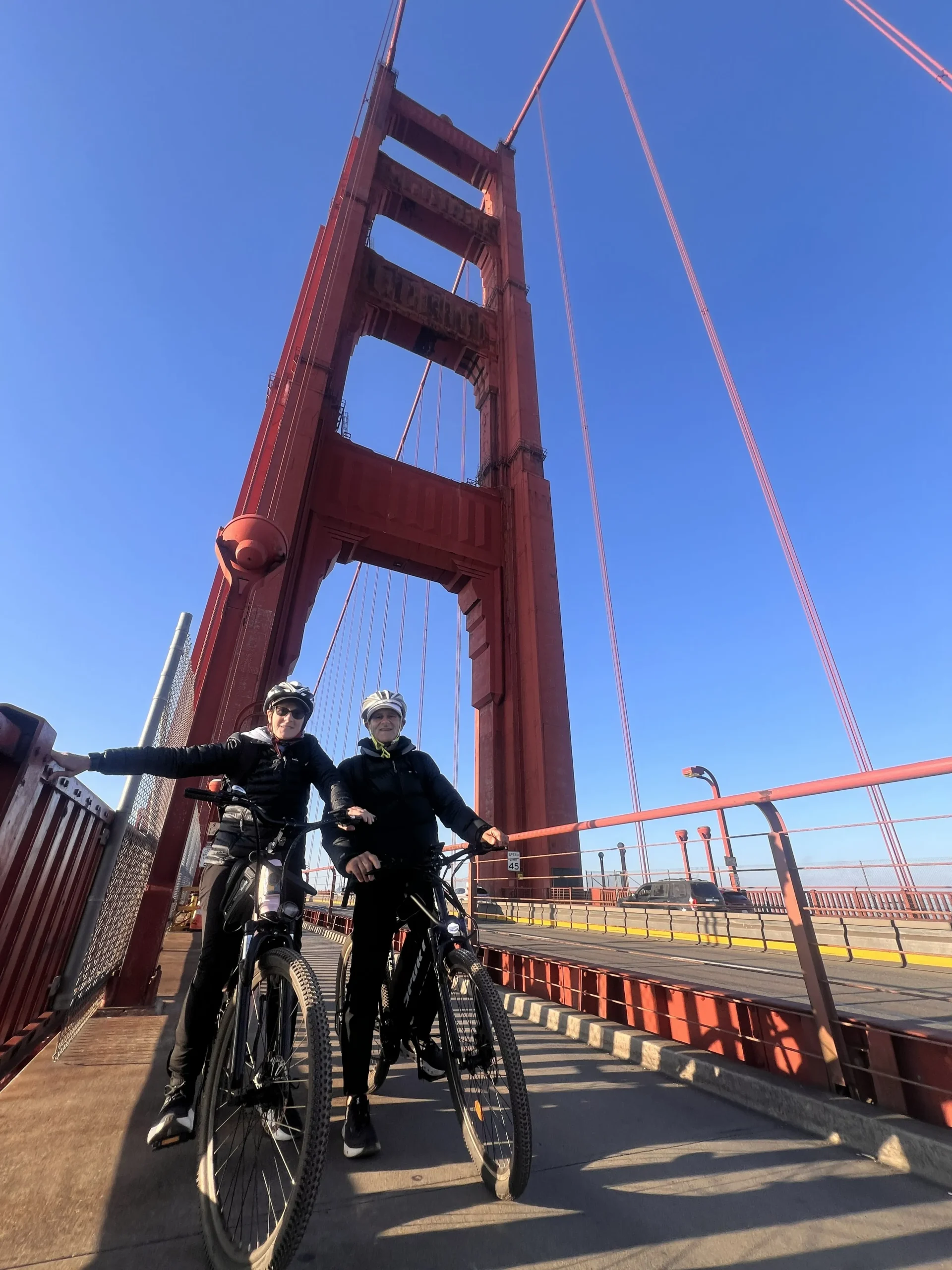 People walking and biking along the Embarcadero waterfront with Bay Bridge in view
