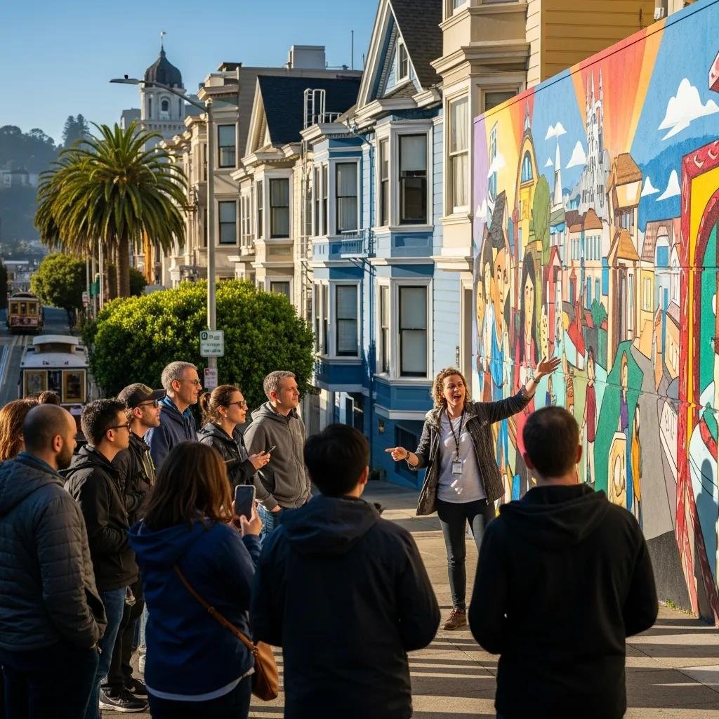 Group of tourists on a free walking tour in the Mission District of San Francisco