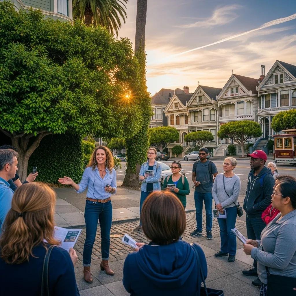 Local guide leading a historical walking tour in a picturesque San Francisco neighborhood