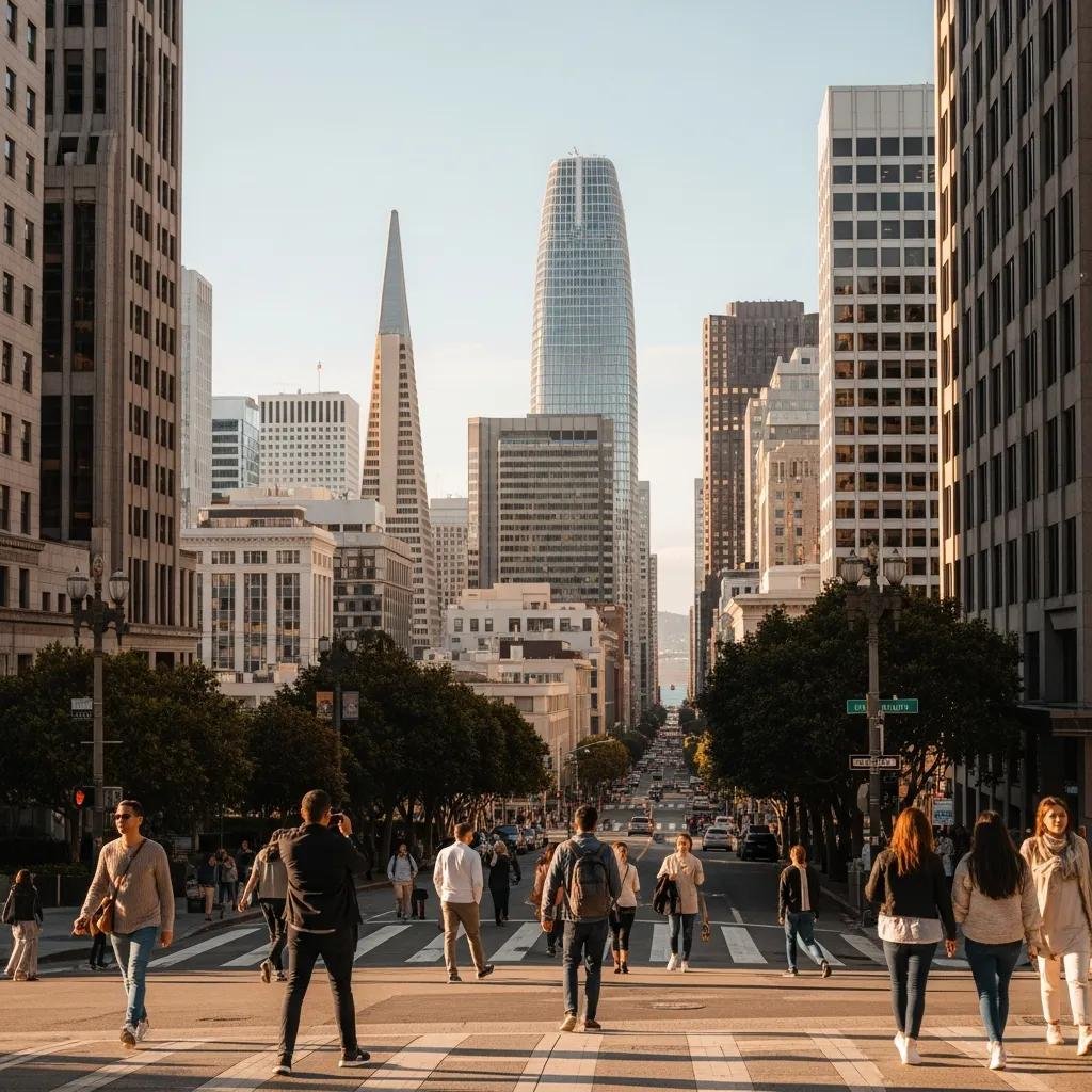 Scenic view of San Francisco's Financial District with people walking and greenery