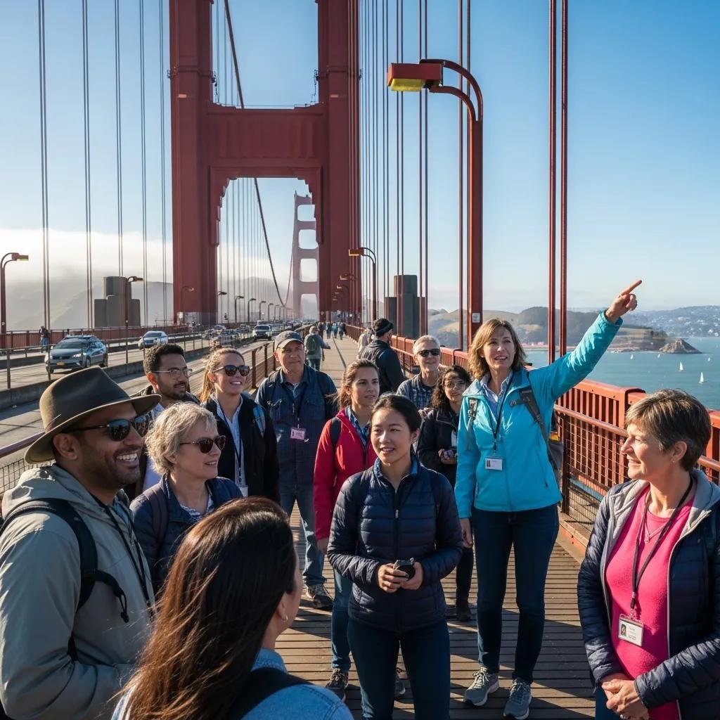 Tourists on a guided walking tour of the Golden Gate Bridge, highlighting the benefits of guided experiences