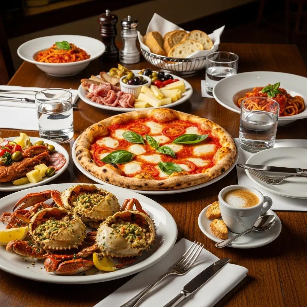 Traditional Italian dishes from Little Italy, including pizza, crab, and espresso, showcasing culinary heritage