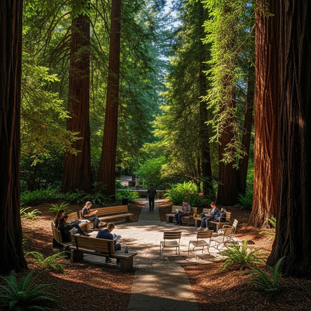 Transamerica Redwood Park with redwood trees and peaceful seating area