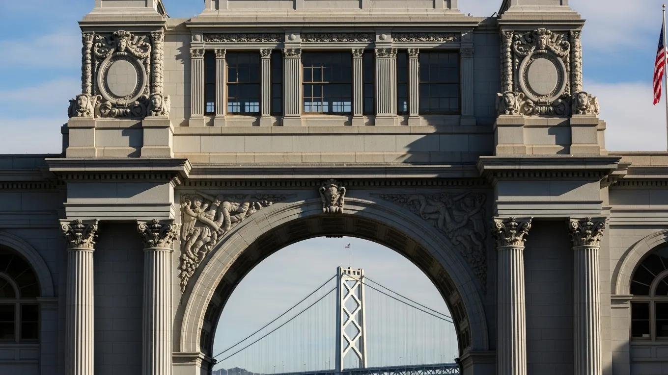 Architectural details of the Ferry Building showcasing Beaux-Arts style and historical significance