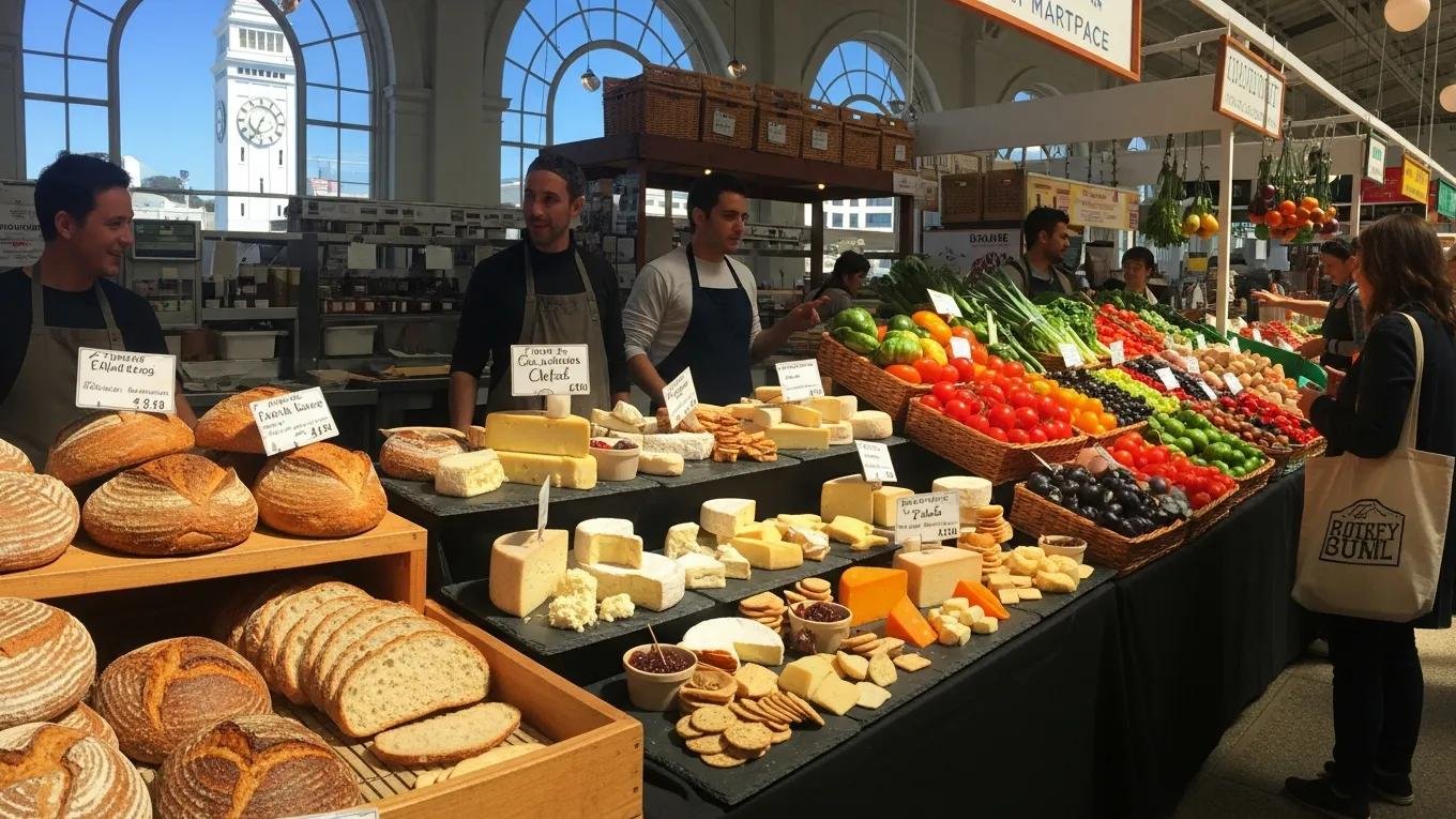 Artisan food vendors at the Ferry Building Marketplace featuring local specialties