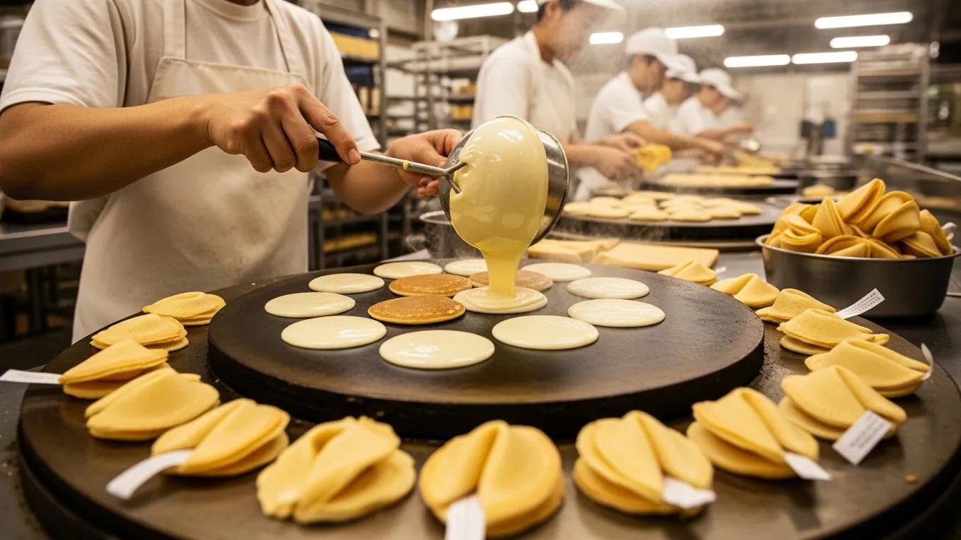 Craftsman making fortune cookies at Golden Gate Fortune Cookie Factory, highlighting traditional methods and fresh cookies