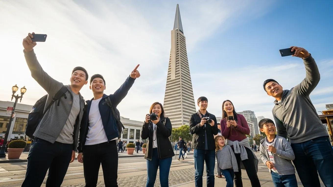 Tourists enjoying the view of the Transamerica Pyramid, capturing its architectural significance