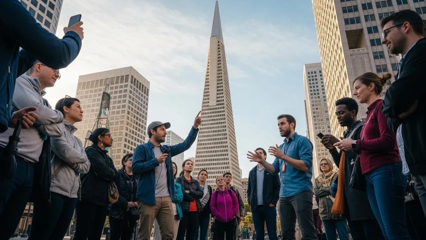 Visitors on a free walking tour near the Transamerica Pyramid, learning about its history