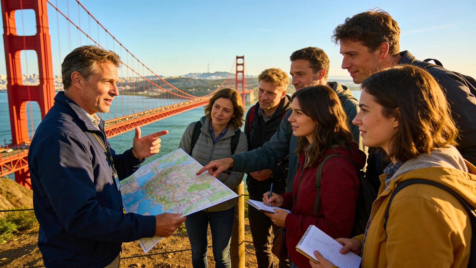 Small group on a paid guided tour learning about the Golden Gate Bridge with a knowledgeable guide