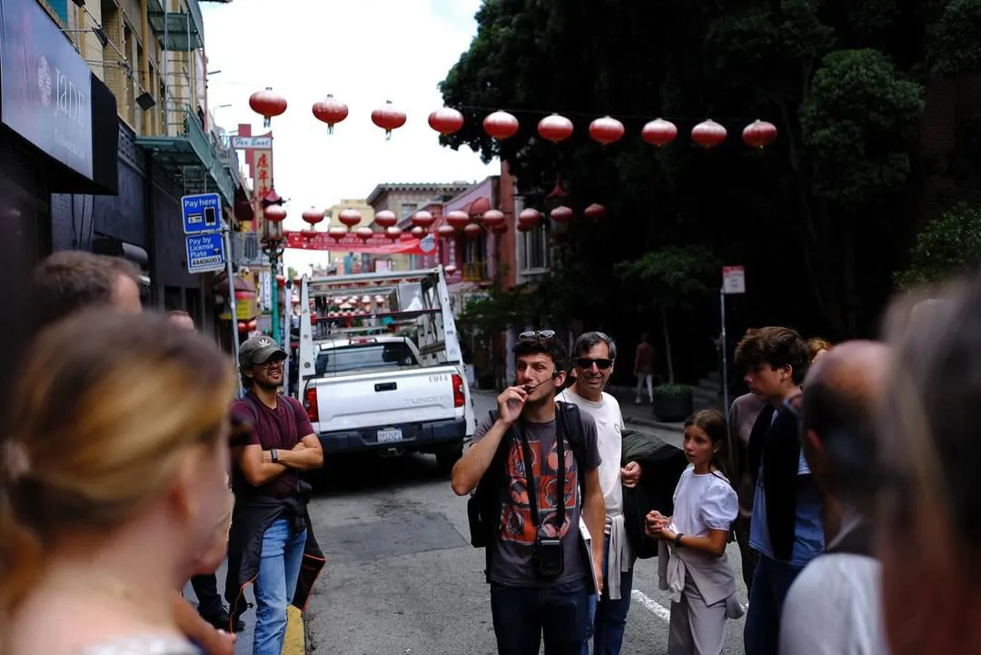 A collage of iconic San Francisco landmarks including the Golden Gate Bridge and Chinatown