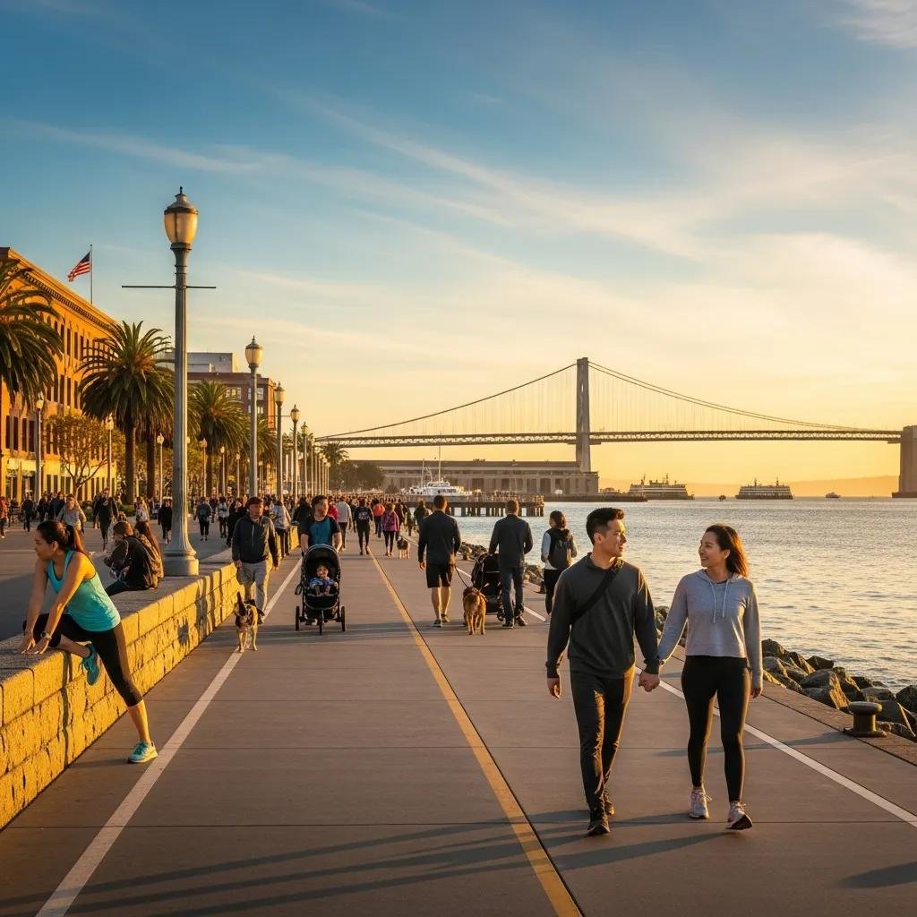 Scenic view of the Embarcadero with walkers enjoying the waterfront in San Francisco