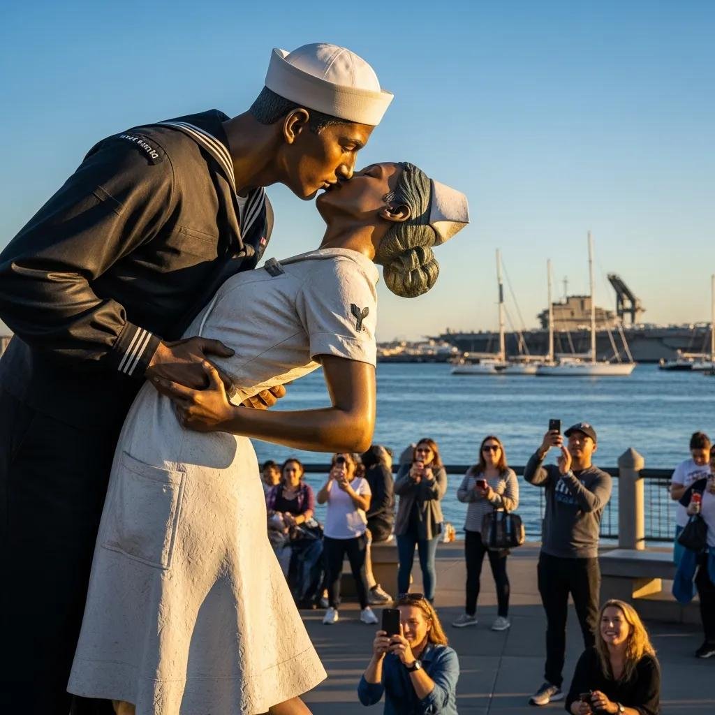 The Unconditional Surrender statue symbolizing peace, with visitors capturing memories