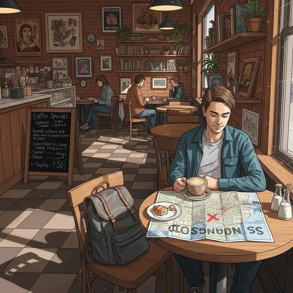 Traveler enjoying coffee in a cozy San Francisco cafe