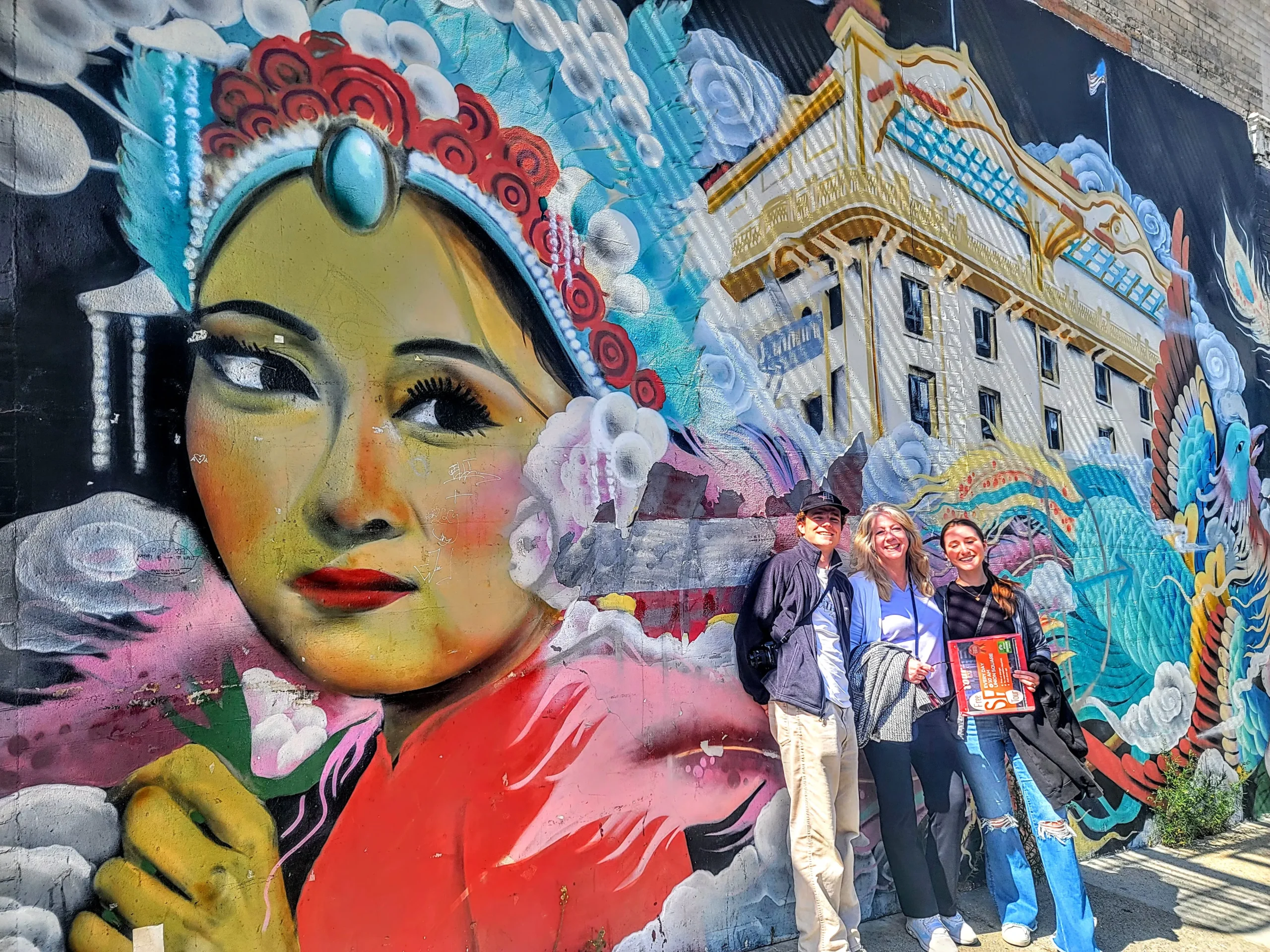 Tourists engaging with a guide during a walking tour, highlighting the interactive cultural experiences in San Francisco's Mission District