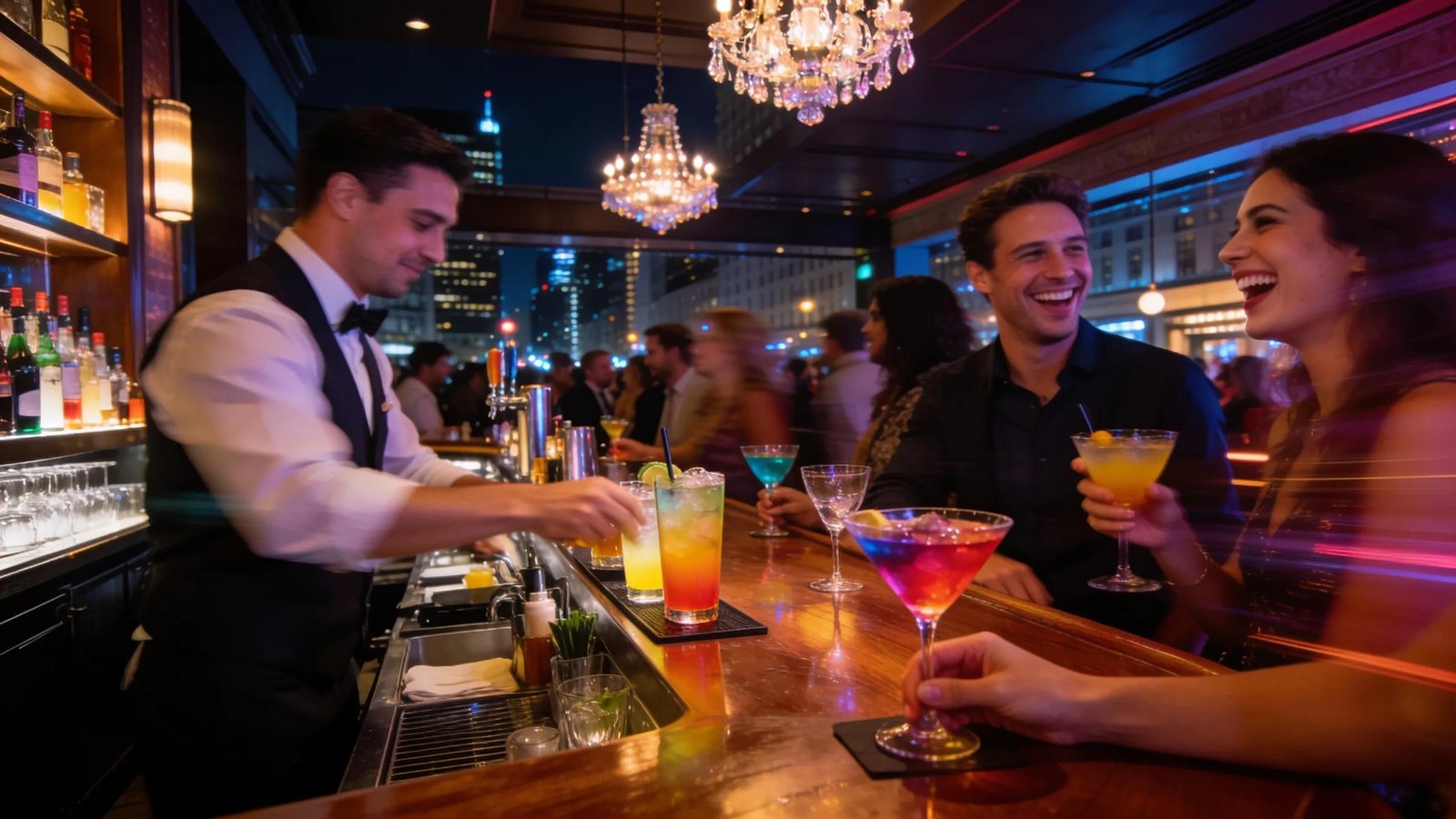 Vibrant cocktail bar scene near Handlery Union Square Hotel, capturing the upscale nightlife atmosphere in San Francisco